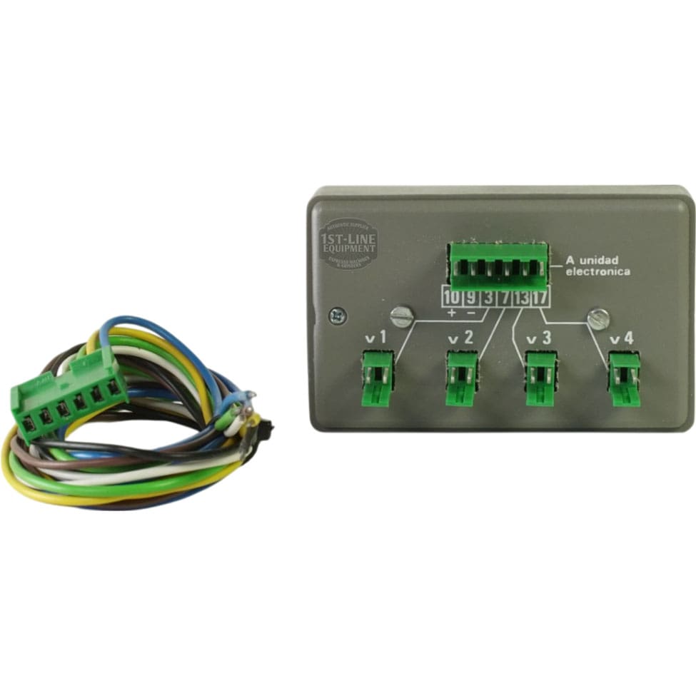 Gray electronic control box with four green connectors labeled v1–v4, a multicolored wiring harness, and a connector. Label: Adapter 011854 for Machine CEE-86. © 2025 1st-line.com