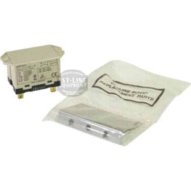 Photo of a Bunn 38326.0000 Relay Kit with Bracket -100-120VAC, featuring an Omron relay switch, mounting bracket, and a labeled replacement parts bag, all arranged on a plain white background. © 2025 1st-line.com
