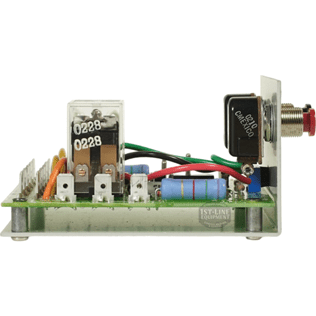 Side view of the American Metal Ware 530-007 Solid State Brew Timer circuit board, showing a relay, capacitors, wires, connectors on a green PCB, and a metal bracket on the right. © 2025 1st-line.com