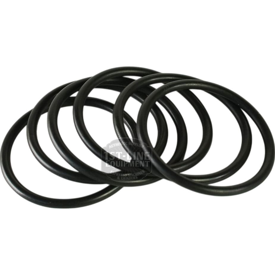 Six Bunn 24733.1000 O-Rings (70-EP-124) overlap in a semi-circular pattern on a white background. This pack of 6 delivers durable sealing for various uses. © 2025 1st-line.com