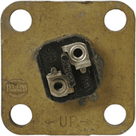 Square brass terminal plate for Bunn 01091.1000 Tank Heater 120V 2500W, featuring four corner holes, two central wire connection points, and UP with an arrow engraved along the bottom edge. © 2025 1st-line.com