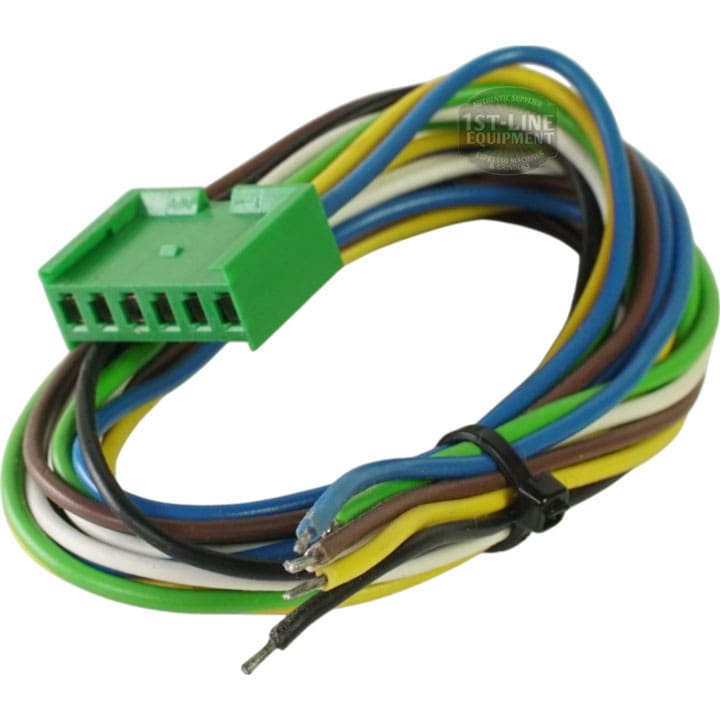 The Adapter 011854 for Machine CEE-86 features a green 5-pin connector attached to five colored wires (brown, white, yellow-green, blue, black) with exposed ends, coiled and secured with a black twist tie. © 2025 1st-line.com