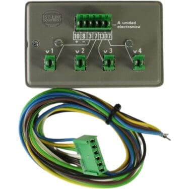 The Adapter 011854 for Machine CEE-86 features four green ports labeled v1 to v4, numbered terminals in a row, and a separate multicolored wiring harness with a green connector. © 2025 1st-line.com