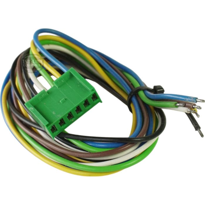 The Adapter 011854 for Machine CEE-86 is a green five-pin electrical connector pre-wired with yellow, green, blue, brown, white, and black cables; the opposite ends are stripped for easy connection. © 2025 1st-line.com