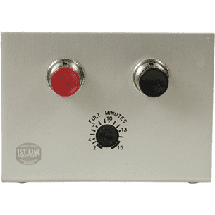 The American Metal Ware 530-007 Solid State Brew Timer is a silver timer box with red and black buttons and a numbered FULL MINUTES dial (2–15); the 1st-Line Equipment logo appears in the lower left corner. © 2025 1st-line.com