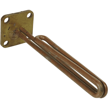 The Bunn 01091.1000 Tank Heater 120V 2500W features a U-shaped copper heating element with a rectangular flange and mounting holes, ideal for tank or appliance installation to heat liquids. © 2025 1st-line.com