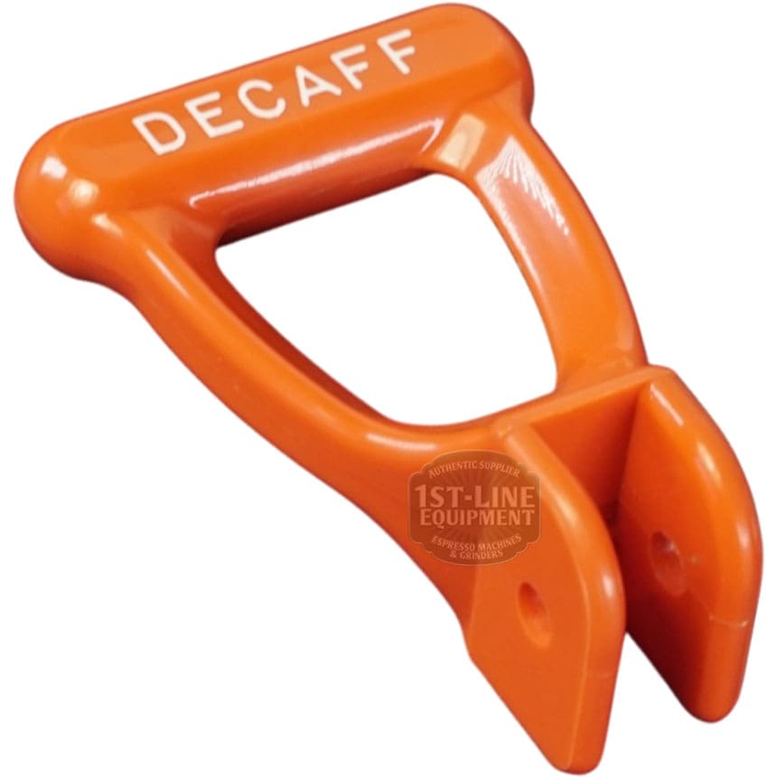 The Bunn 07101.0000 is an orange faucet handle labeled DECAFF, designed to attach to portafilters or as a faucet handle to indicate decaffeinated coffee. Pin not included. © 2025 1st-line.com