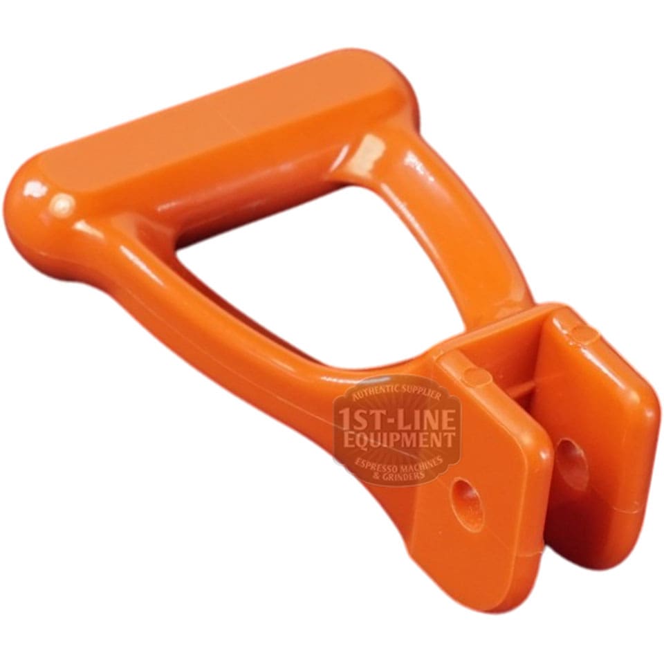 The Bunn 07101.0000 Orange Faucet Handle without Pin is a plastic grip labeled 1st-Line Equipment, fits select models, and is ideal for decaf coffee setups. Features two end holes for easy attachment to compatible equipment. © 2025 1st-line.com