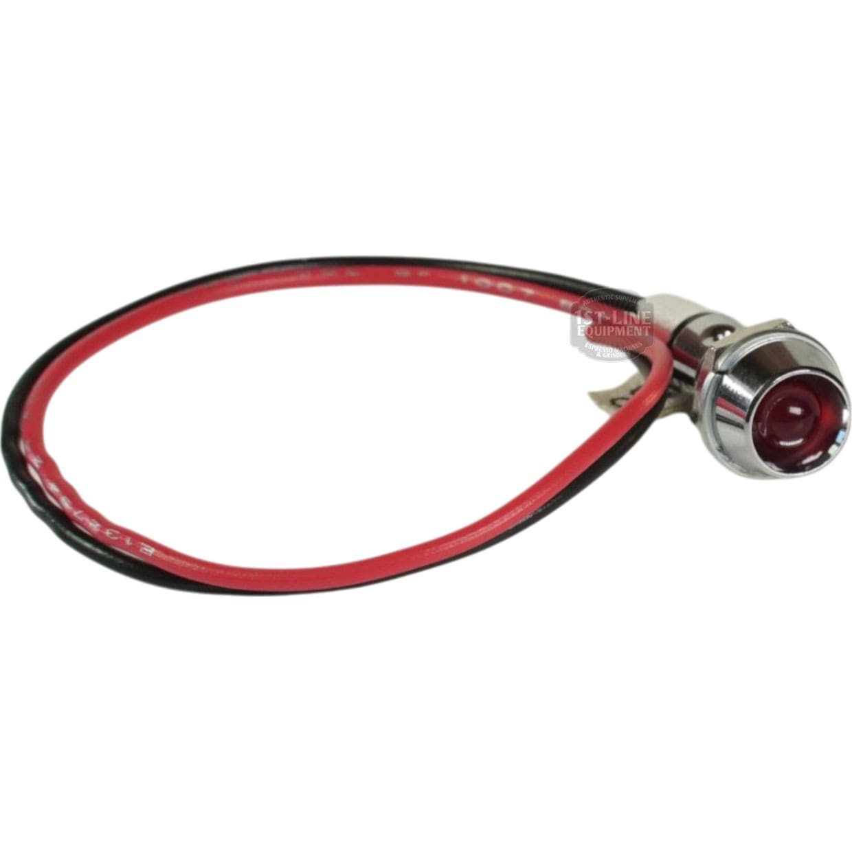 The Bunn 12516.1005 Red LED Lamp Assembly with Leads features a small round red indicator light with a red lens and short black and red wire loop, ideal for use in Bunn LED lamp assembly applications. © 2025 1st-line.com