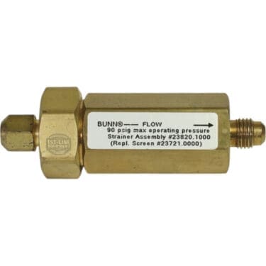 The Bunn 23820.1000 Water Strainer features a hex fitting left, threaded end right, and flow arrow; rated for 90 psig max. Compatible with Bunn 05852.0001 Shear Plate .562x1.16x.120; has .250 flare male threads. © 2025 1st-line.com