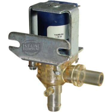The Bunn 27370.0007 Solenoid Valve Assembly – Bypass-Plastic, 120V, features a blue coil, mounting bracket, cylindrical connectors for fluid/gas flow, and is labeled MADE IN USA and DEL TECHNO. © 2025 1st-line.com