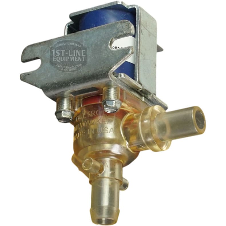 The Bunn 27370.0007 Solenoid Valve Assembly - Bypass-Plastic - 120V features clear plastic tubing connectors and a metal mounting bracket for controlling liquid flow in machines. © 2025 1st-line.com