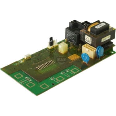 The Bunn 28975-1000 Display Assembly features a green electronic circuit board with components such as a transformer, relays, capacitors, and connectors. Traces and pins are visible against a white background. © 2025 1st-line.com