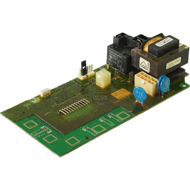 The Bunn 28975-1000 Display Assembly features a green electronic circuit board with components such as a transformer, relays, capacitors, and connectors. Traces and pins are visible against a white background. © 2025 1st-line.com