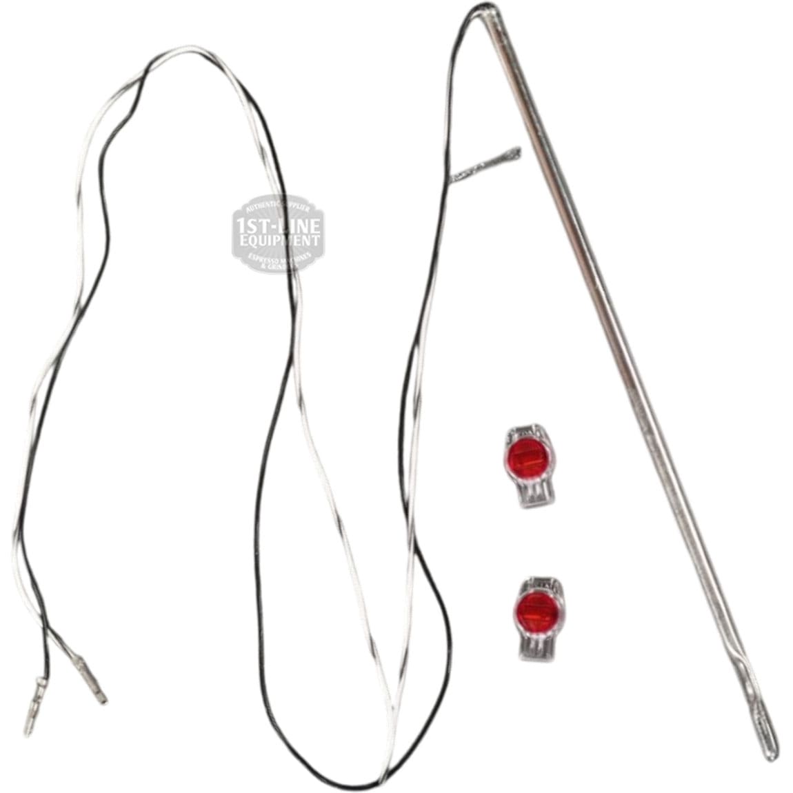 The Bunn 29327.0000 Temperature Probe Sensor, 7.5, features black and white wires attached to its slim metal body. Two small red indicator lights with metal bases sit next to the probe, all displayed on a white background. © 2025 1st-line.com