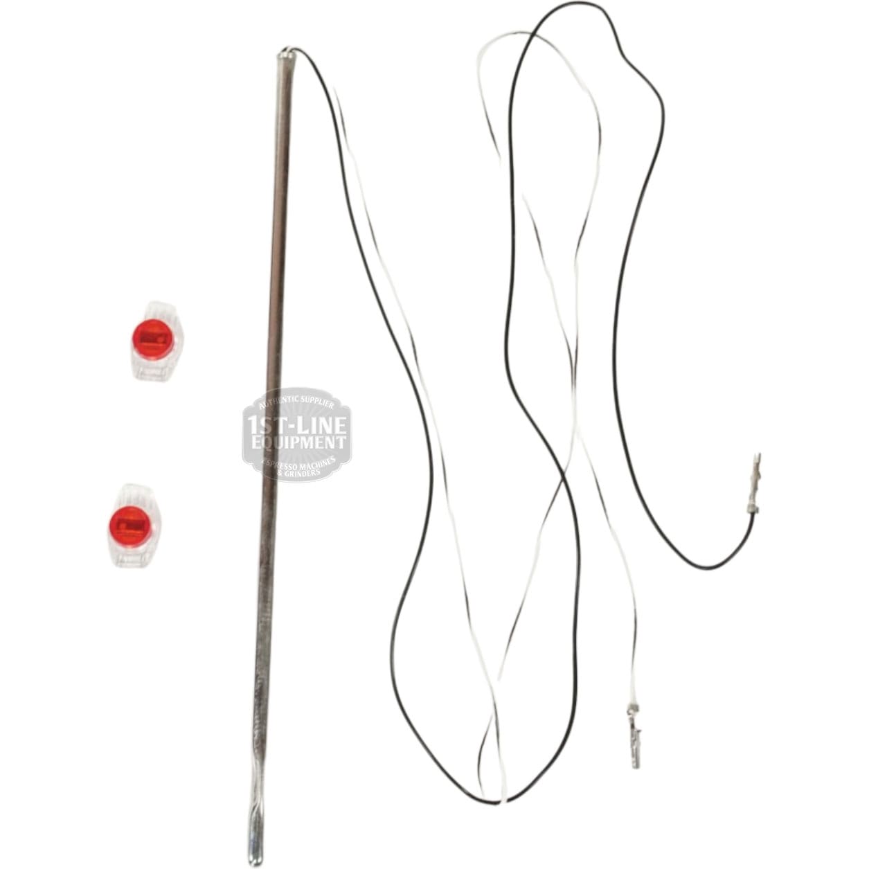 The Bunn 29327.0000 Temperature Probe Sensor, 7.5, includes attached white and black wires and two small red plastic connectors, shown on a white background. © 2025 1st-line.com