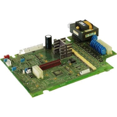 The Bunn 29969.0000 Main Control Circuit Board is a green board with capacitors, connectors, a black relay, blue coil, heat sinks, and chips—compatible with the Bunn 01093.1000 Tank Heater 120V 1370W. © 2025 1st-line.com
