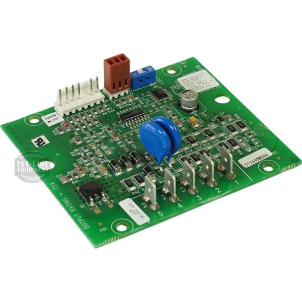 The Bunn 32400.0002 Timer Kit, Digital 120V (No Adapter), is a green electronic circuit board labeled Output Panel 5A with capacitors, resistors, connectors, switches, and multiple ports displayed at an angle to show its precise design. © 2025 1st-line.com