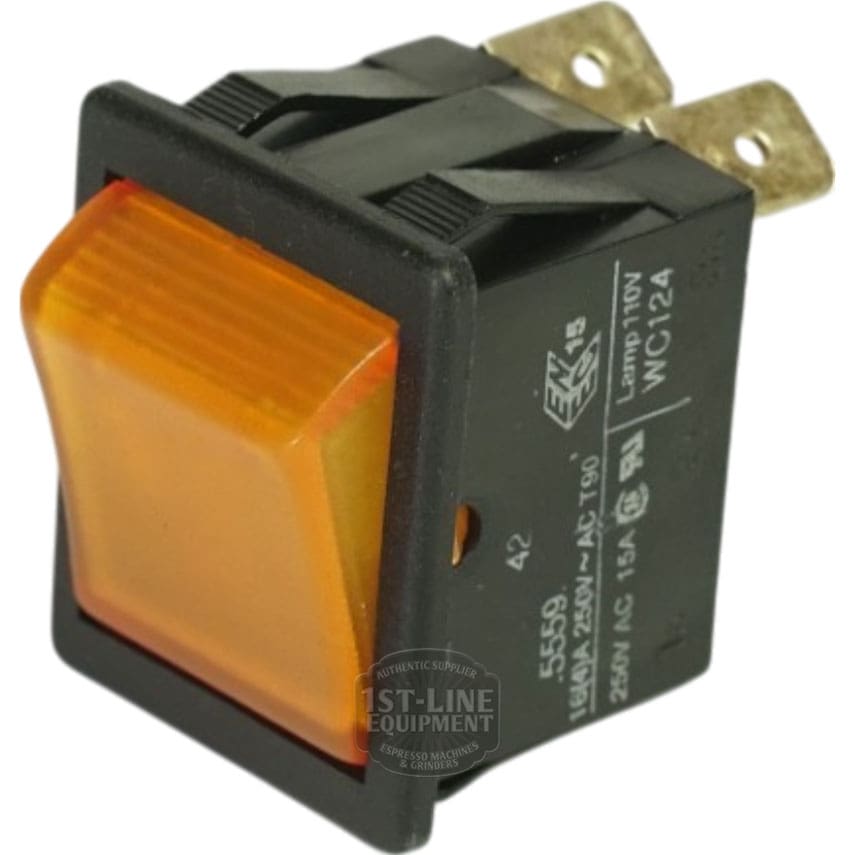 The Curtis WC-124 Amber Rocker Hot Water Switch features a black rectangular body, large orange translucent button, and two metal prongs for electrical connections. © 2025 1st-line.com