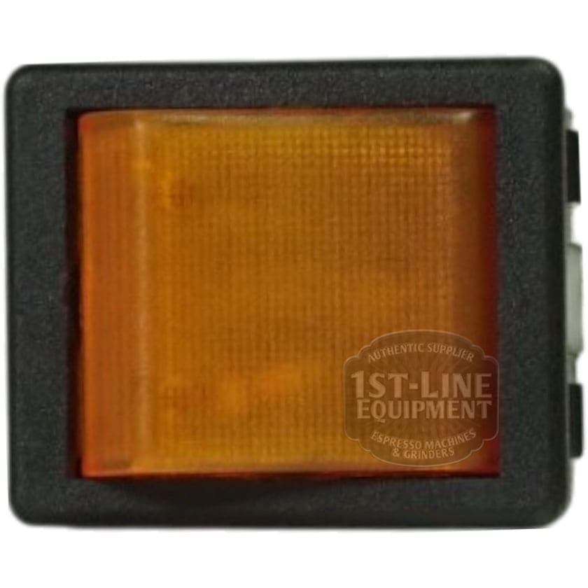 The Curtis WC-124 Amber Rocker Hot Water Switch features a rectangular, textured surface and black frame. Seen from the front, a partial company watermark appears in the lower right corner. © 2025 1st-line.com