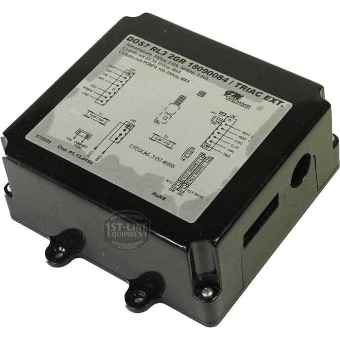 The Giemme 18090084 Cod. 01.13.0159 Brain Unit is a black electronic control box from 1st-Line Equipment, featuring a labeled diagram, technical specs on the top sticker, mounting holes, and a side slot for easy installation. © 2025 1st-line.com