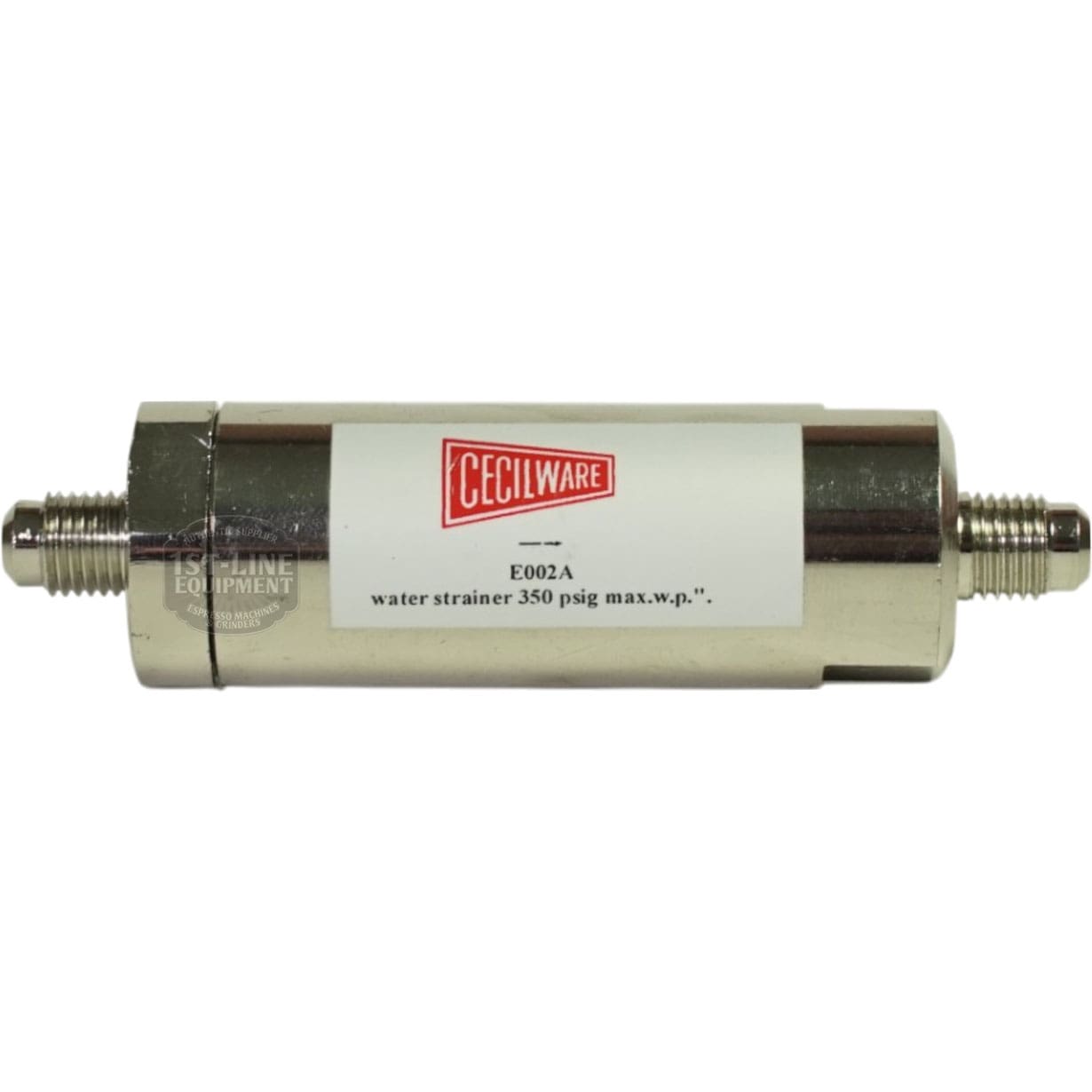 The Grindmaster-Cecilware E002A Water Strainer has a metal cylindrical body, 1/4 flare fittings with threaded connectors on both ends, and a white label marked “E002A water strainer 350 psig max. w.p.”. © 2025 1st-line.com