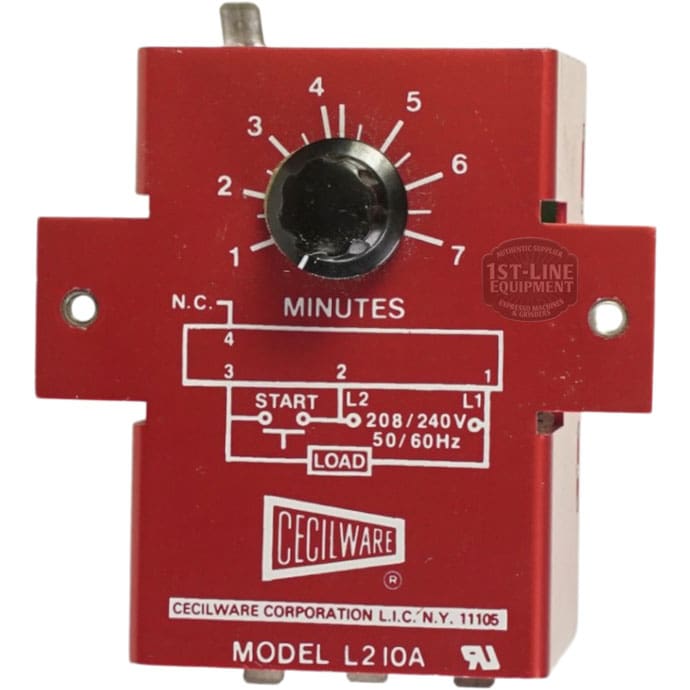 The Grindmaster Cecilware L201A Timer 208-240V 50/60Hz (2-7 minutes) features a central black dial labeled in minutes and includes printed electrical specifications and wiring diagram below the timer dial. © 2025 1st-line.com