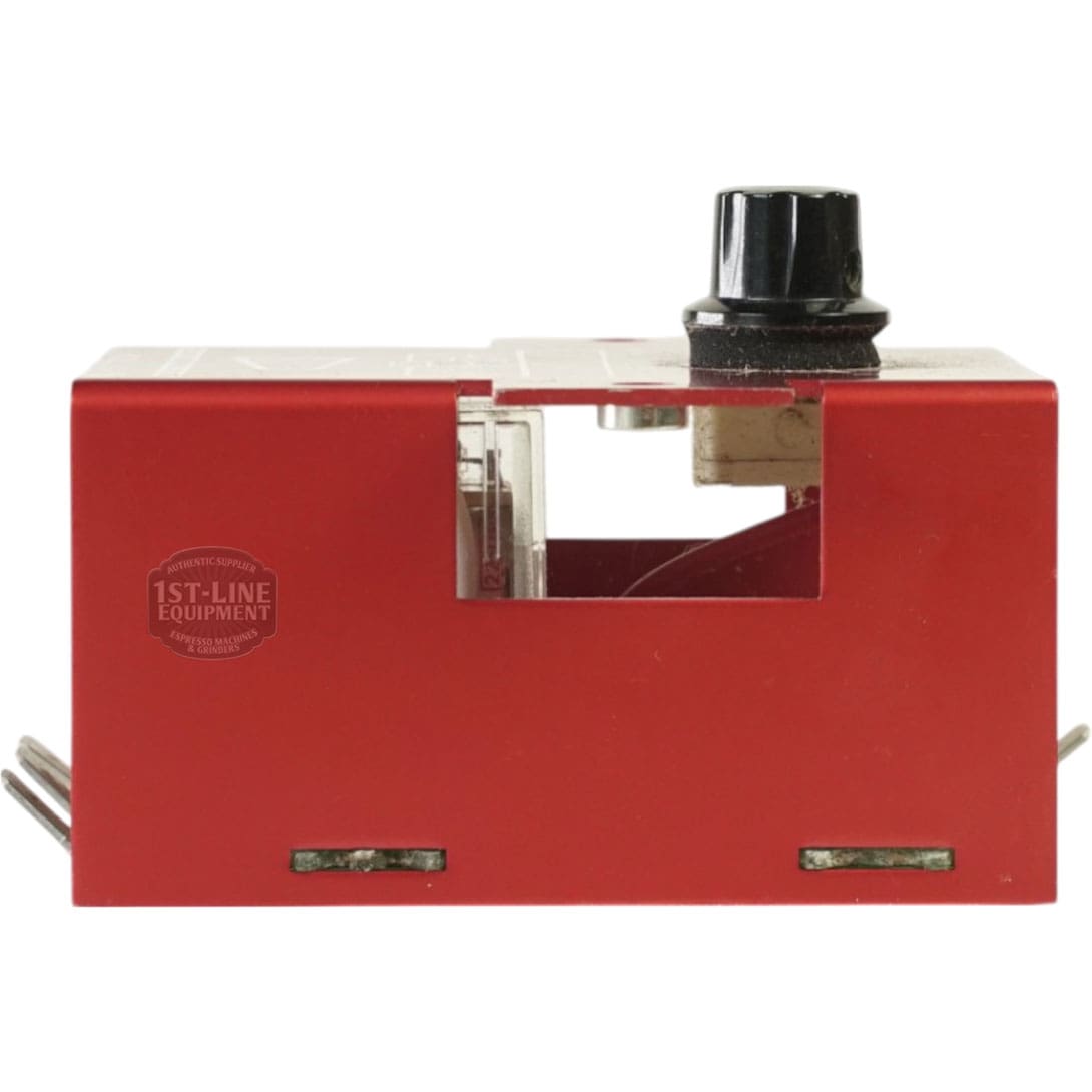 The Grindmaster Cecilware L201A Timer 208-240V 50/60Hz 2-7 minutes is a red rectangular electrical device with a black dial on top, clear panels showing internal parts, and two metal connectors on each side. © 2025 1st-line.com