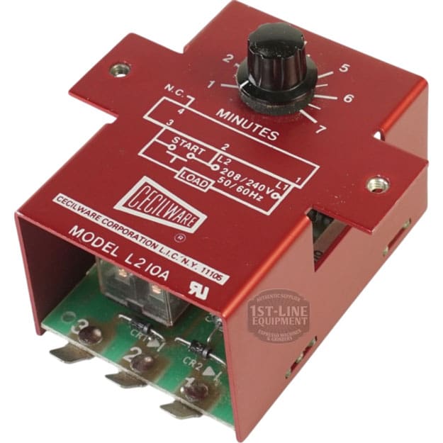 The Grindmaster Cecilware L201A Timer 208-240V 50/60Hz features a red case, rotating 2-7 minute dial, multiple terminals, and printed technical specs with wiring diagram on the device. © 2025 1st-line.com