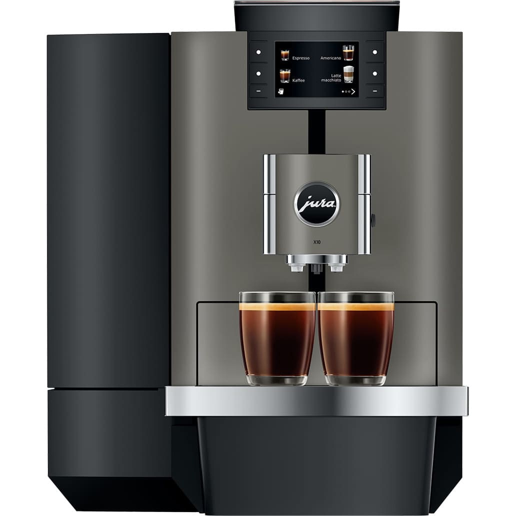 The Jura X10 Super-Automatic Espresso Machine brews two coffees at once, features a digital display for drink selection, and has a sleek black and silver design with dual spouts over two glass cups. © 2025 1st-line.com