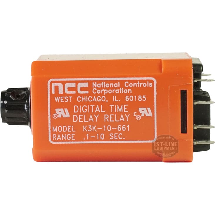 The NCC K3K-10-661 Time Delay Relay by National Controls Corporation is orange, offers a 0.1–10 second delay range, and displays certification marks plus manufacturer details on its label. © 2025 1st-line.com