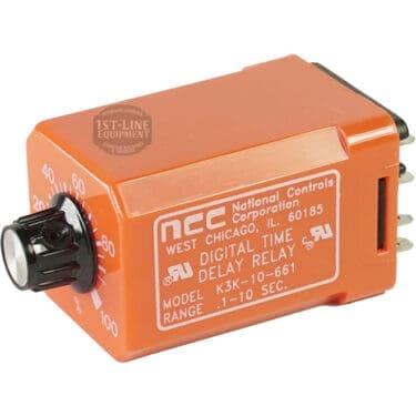 The NCC K3K-10-661 Time Delay Relay is an orange digital timer with a black adjustment knob and multiple metal prongs, featuring a 1–10 second range. Similar to the Bunn 01093.1000 Tank Heater component. © 2025 1st-line.com