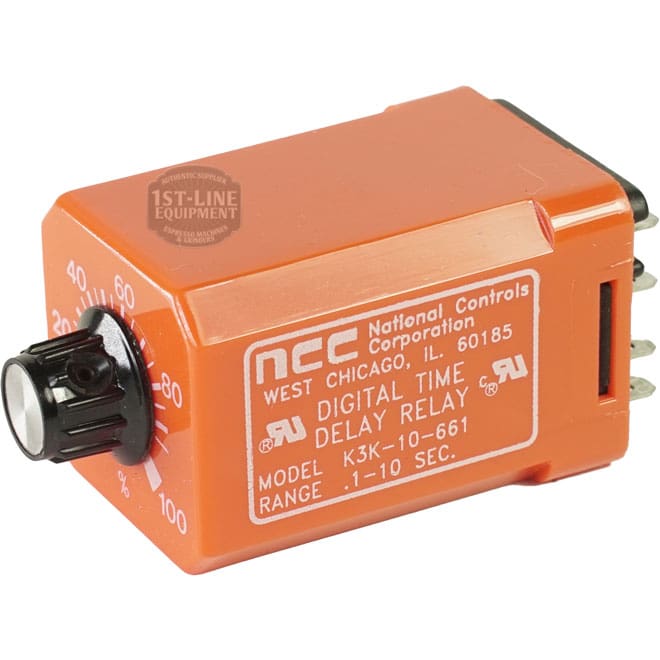 The NCC K3K-10-661 Time Delay Relay is an orange digital timer with a black adjustment knob and multiple metal prongs, featuring a 1–10 second range. Similar to the Bunn 01093.1000 Tank Heater component. © 2025 1st-line.com