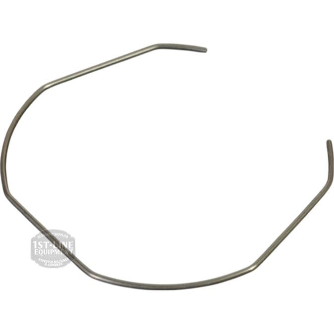 The Nuova Ricambi 612142 Stainless Steel Filter Locking Spring, 1.2mm in diameter, is a thin, bent wire shaped into an irregular open circle with both ends angled outward. © 2025 1st-line.com