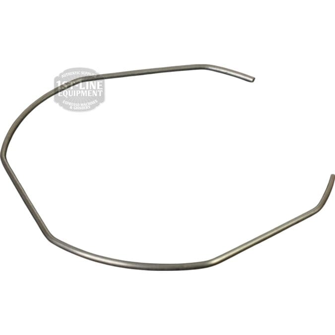 The Nuova Ricambi 612142 Stainless Steel Filter Locking Spring, 1.2mm in diameter, is a thin, curved metal rod with angled bends at each end, creating an irregular open loop shape against a plain white background. © 2025 1st-line.com