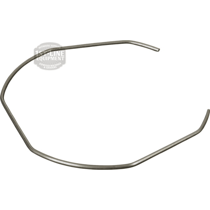 The Nuova Ricambi 612142 Stainless Steel Filter Locking Spring, 1.2mm in diameter, is a thin, curved metal rod with angled bends at each end, creating an irregular open loop shape against a plain white background. © 2025 1st-line.com