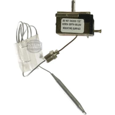The PECO Control Solutions TC125-025 Regulating Thermostat has a metal probe, coiled wire, and a control box marked DO NOT EXCEED 7/32 SCREW DEPTH BELOW MOUNTING SURFACE. © 2025 1st-line.com