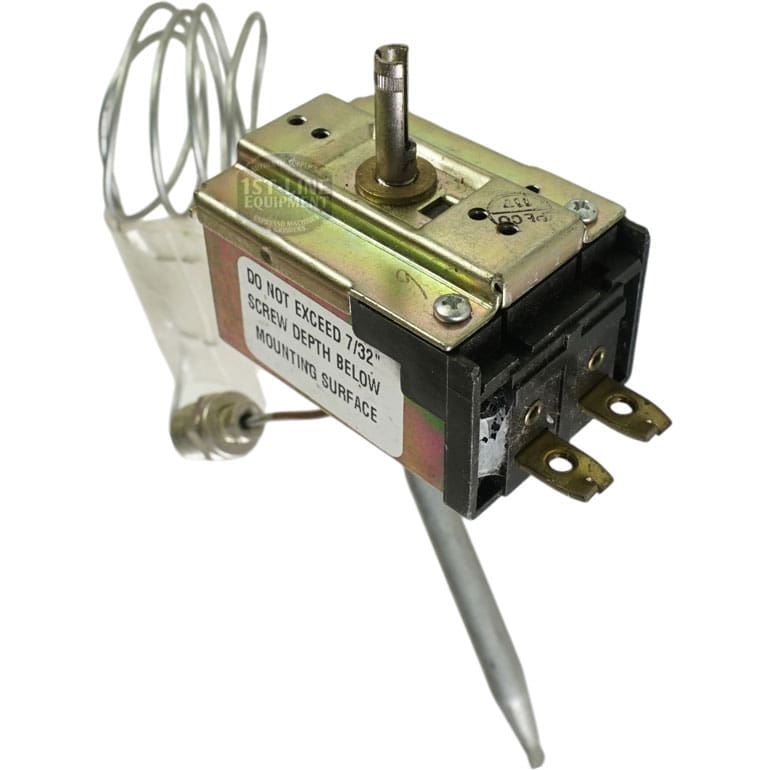 The PECO Control Solutions TC125-025 Regulating Thermostat includes a metal temperature control switch with protruding shaft, electrical terminals, attached coiled sensor, and an installation instructions label. © 2025 1st-line.com