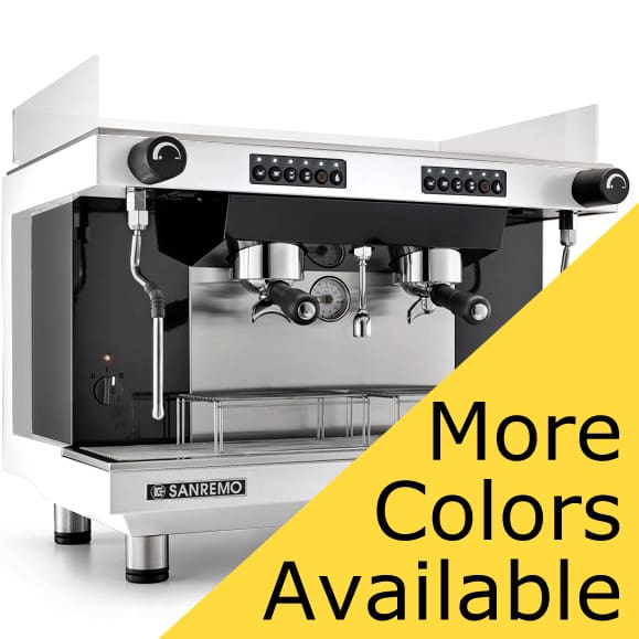 The Sanremo Zoe Tall Competition 2 Group Commercial Espresso Machine, shown with two group heads and control buttons, appears on a white background with a yellow overlay reading More Colors Available. © 2025 1st-line.com