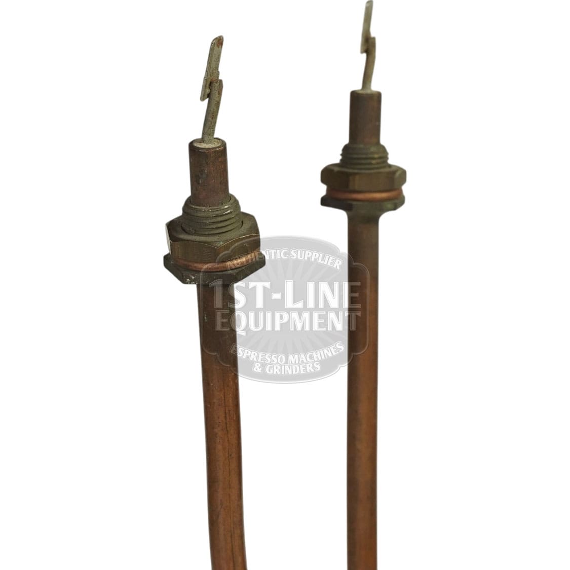 Two Chromalox 208V 4500W Heating Elements with threaded bases and connector terminals stand upright against a white background. © 2025 1st-line.com