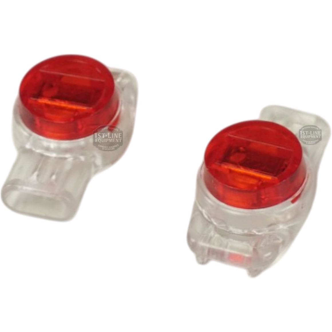 Two clear plastic wire connectors with red caps, shown on a white background, are ideal for use with the Bunn 12516.1005 Red LED Lamp Assembly with Leads or other compatible LED lamp assemblies. © 2025 1st-line.com