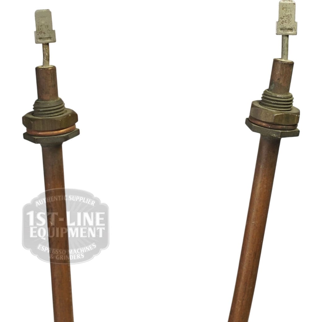 Two long copper Chromalox 208V 4500W heating elements with threaded bases and flat rectangular terminals are shown against a white background, suitable for electrical or industrial heating applications. © 2025 1st-line.com