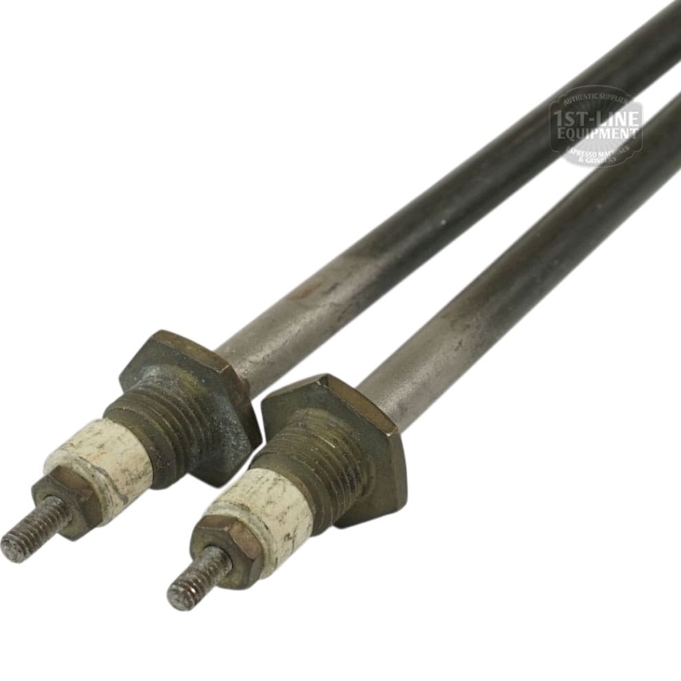 Two metal heating elements with threaded ends, ceramic insulators, and hex nuts are shown side by side—ideal as a Bunn Tank Heater Heating Element 230V 5500W replacement. © 2025 1st-line.com