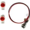 Two red wire connectors and a red and black wire are attached to a metal switch or indicator light, similar to the Bunn 12516.1005 Red LED Lamp Assembly with leads. © 2025 1st-line.com