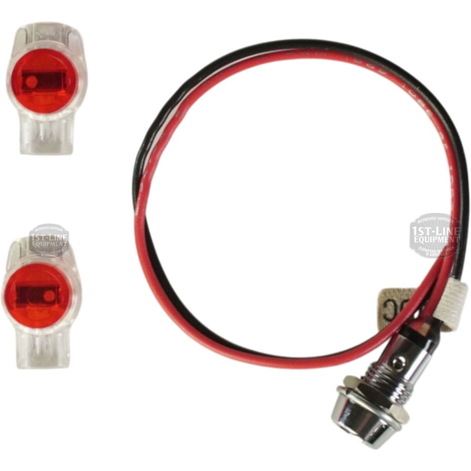 Two red wire connectors and a red and black wire are attached to a metal switch or indicator light, similar to the Bunn 12516.1005 Red LED Lamp Assembly with leads. © 2025 1st-line.com