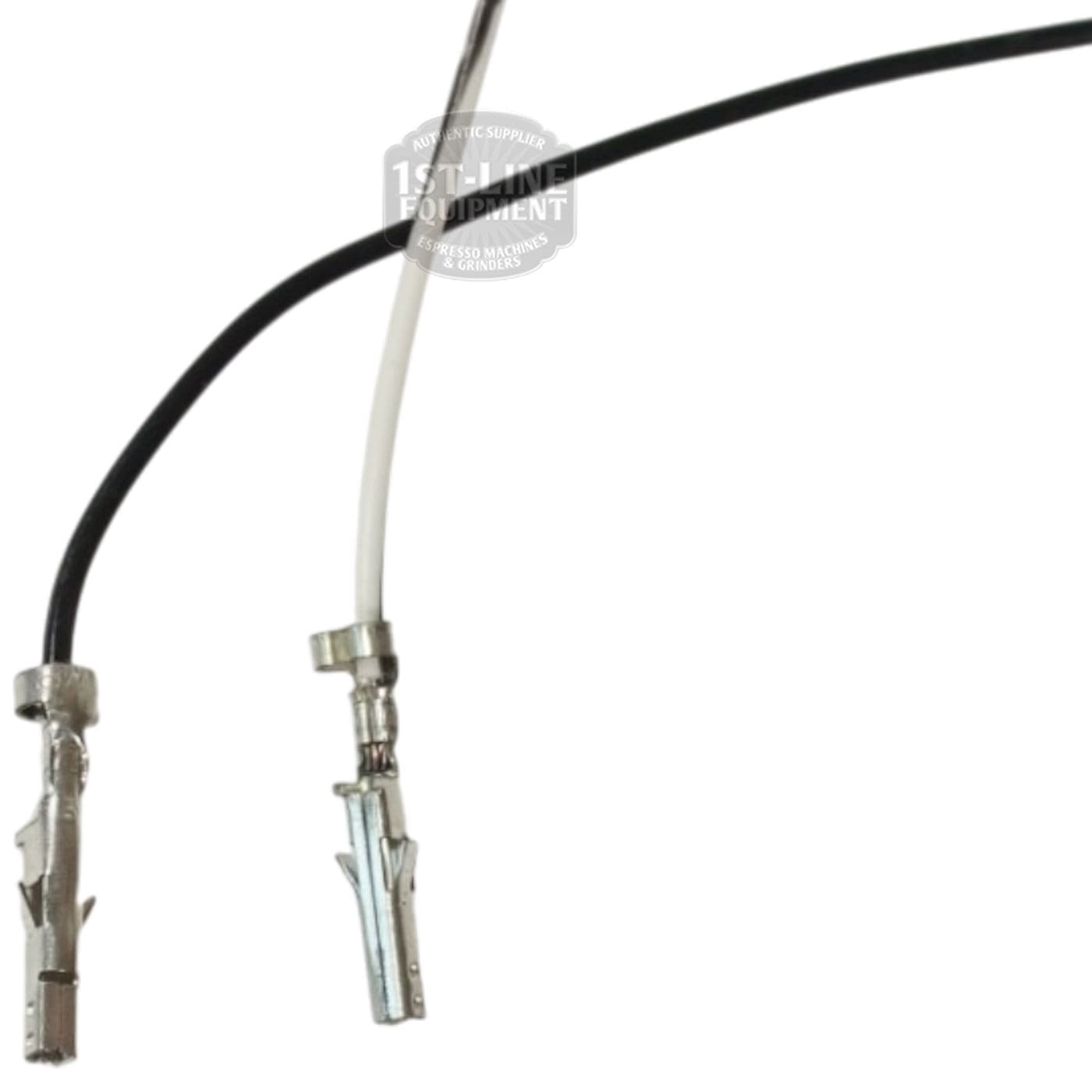 Two wires, one black and one white, each with a cylindrical notched metal connector, are shown against a white background. This is the Bunn 29327.0000 Temperature Probe Sensor, measuring 7.5 and designed for reliable measurements. © 2025 1st-line.com