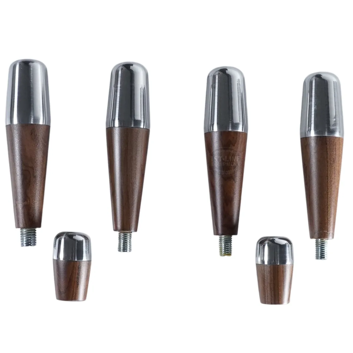 Six interchangeable ACS Vostok Handle/Knob Rosewood Wood Kit knobs with metal tips and threaded ends for easy attachment are displayed upright on a white background, showcasing various sizes and shapes.