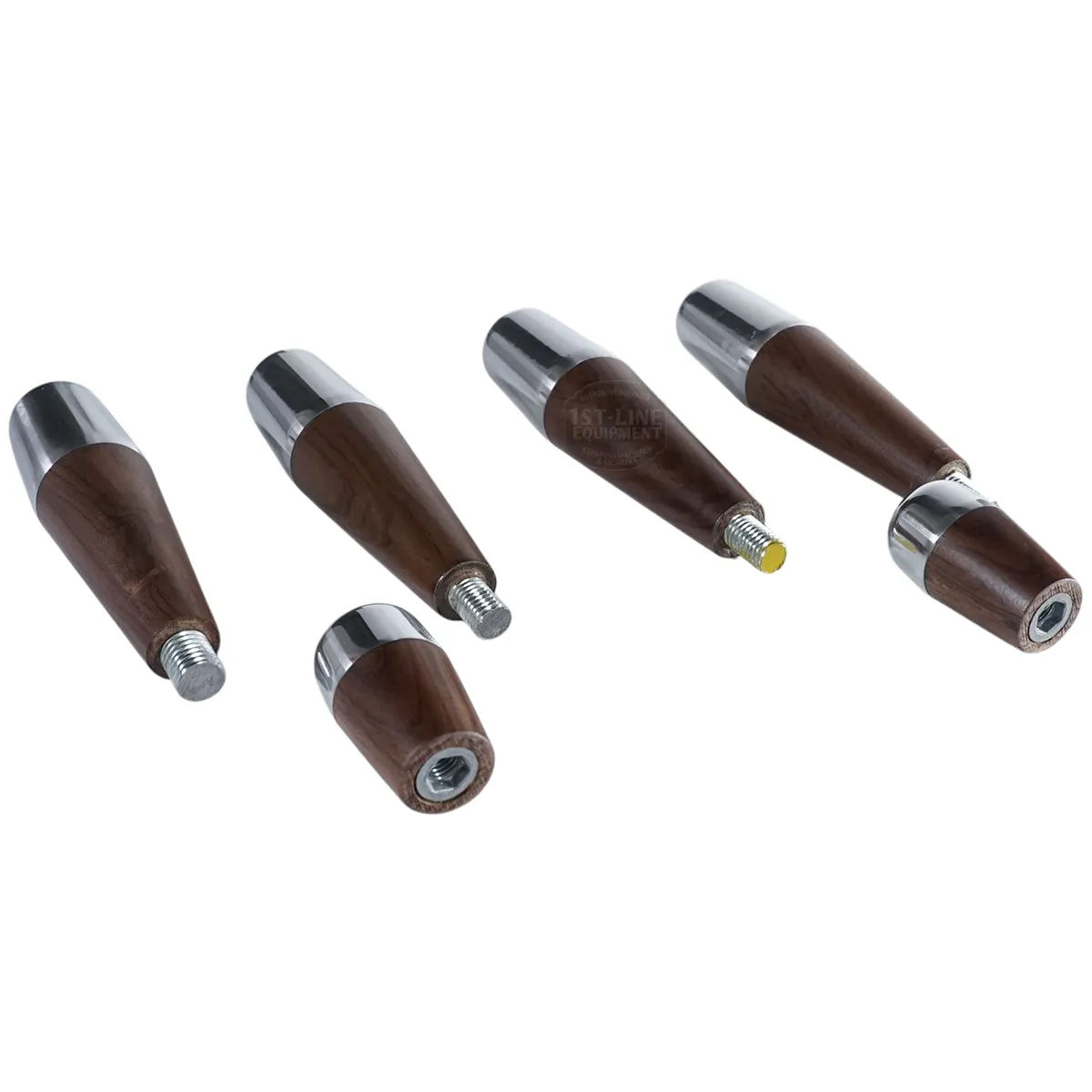 Five ACS Vostok Handle/Knob Rosewood Wood Kits with metal tips are displayed on a white background, each shown from different angles to highlight their wooden and metal connectors.