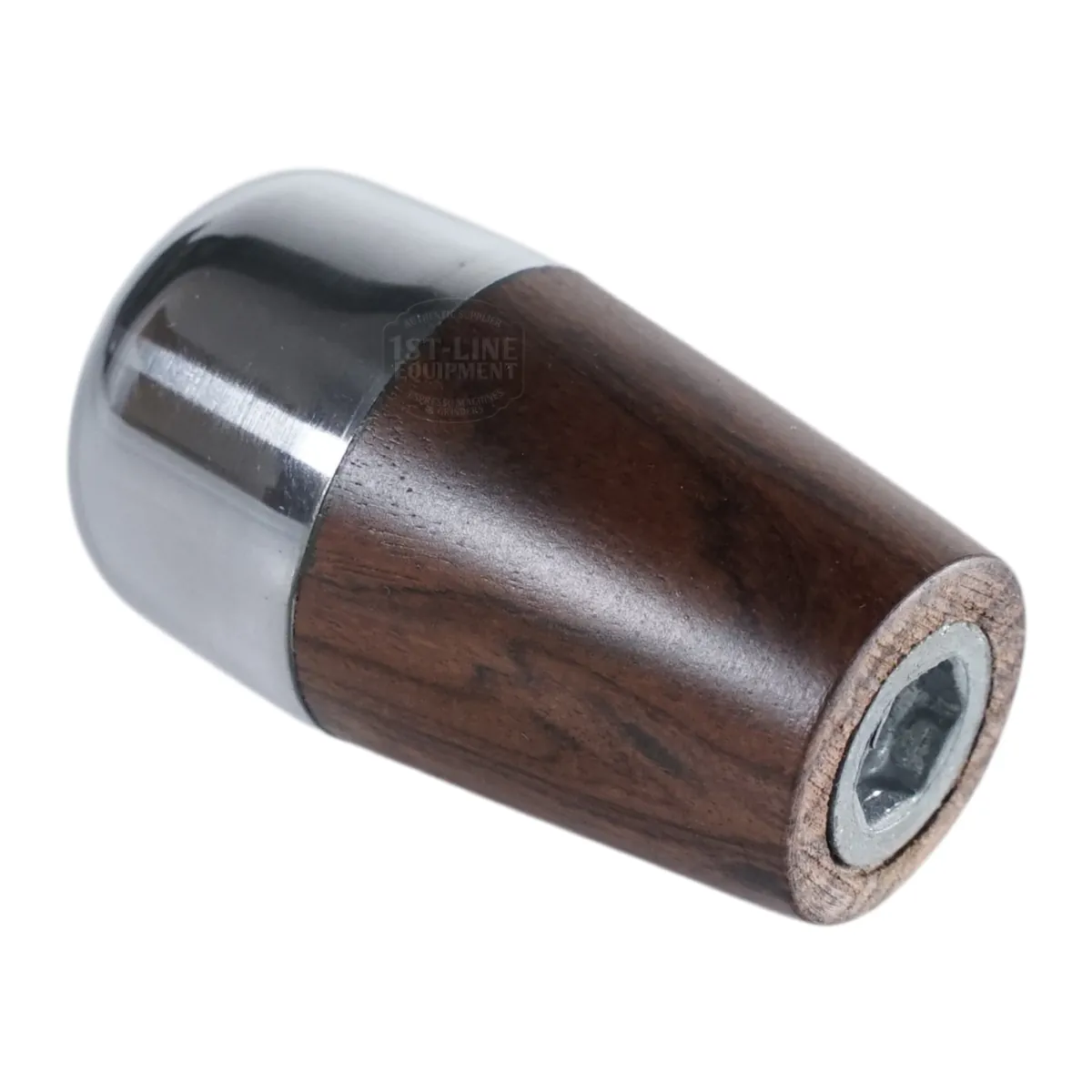 The ACS Vostok Handle/Knob Rosewood Wood Kit w/ Metal Tip features a rosewood handle and metal tip with a hexagonal bolt socket at the base, designed as a replacement part for espresso machines.
