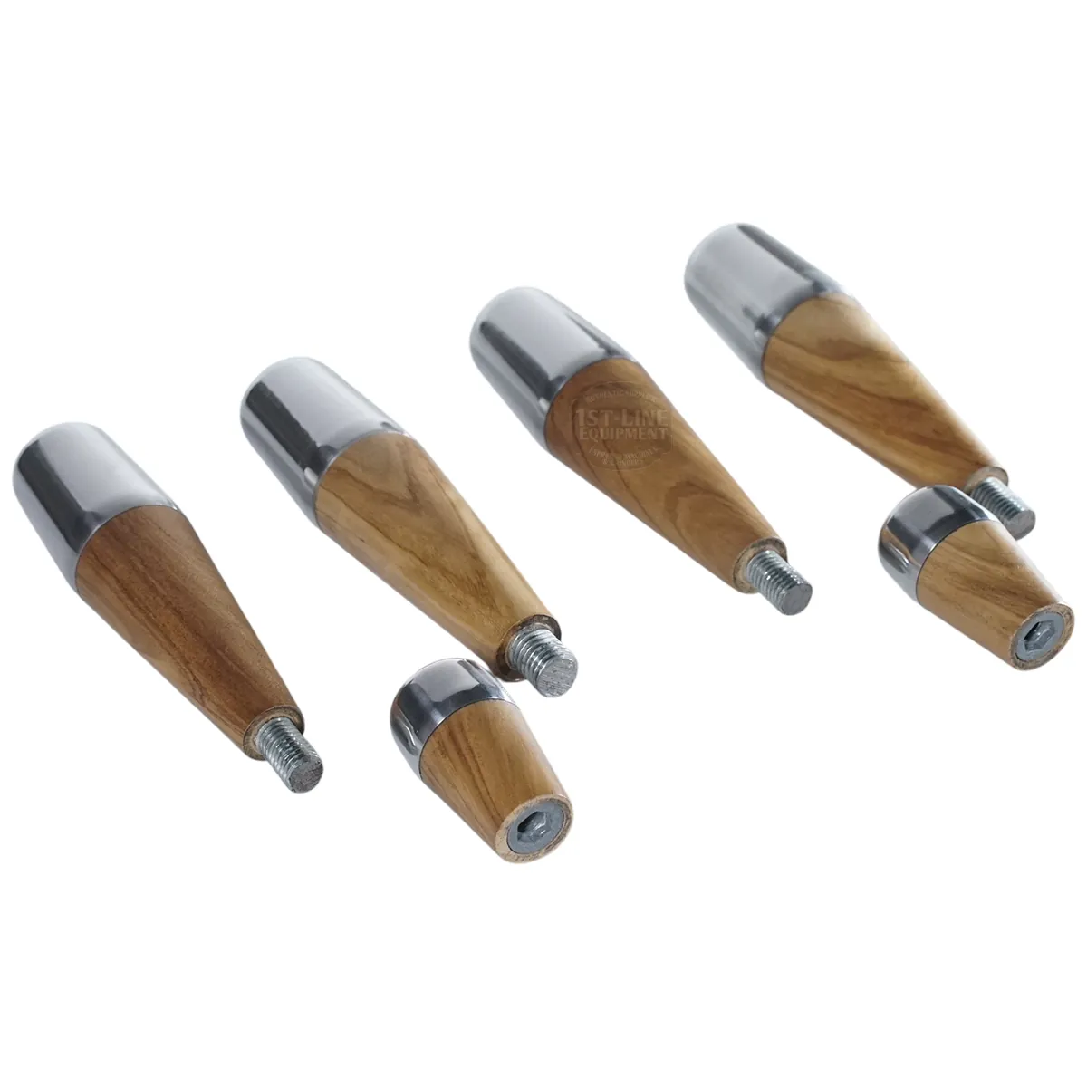 Five ACS Vostok Handle/Knob Walnut Wood Kits with metal tips are shown on a white background, each featuring a durable metal tip and screw at one end for easy attachment.